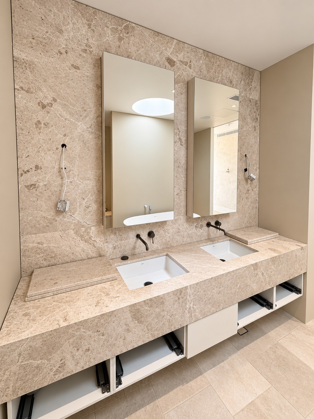 Double bathroom vanity in natural stone