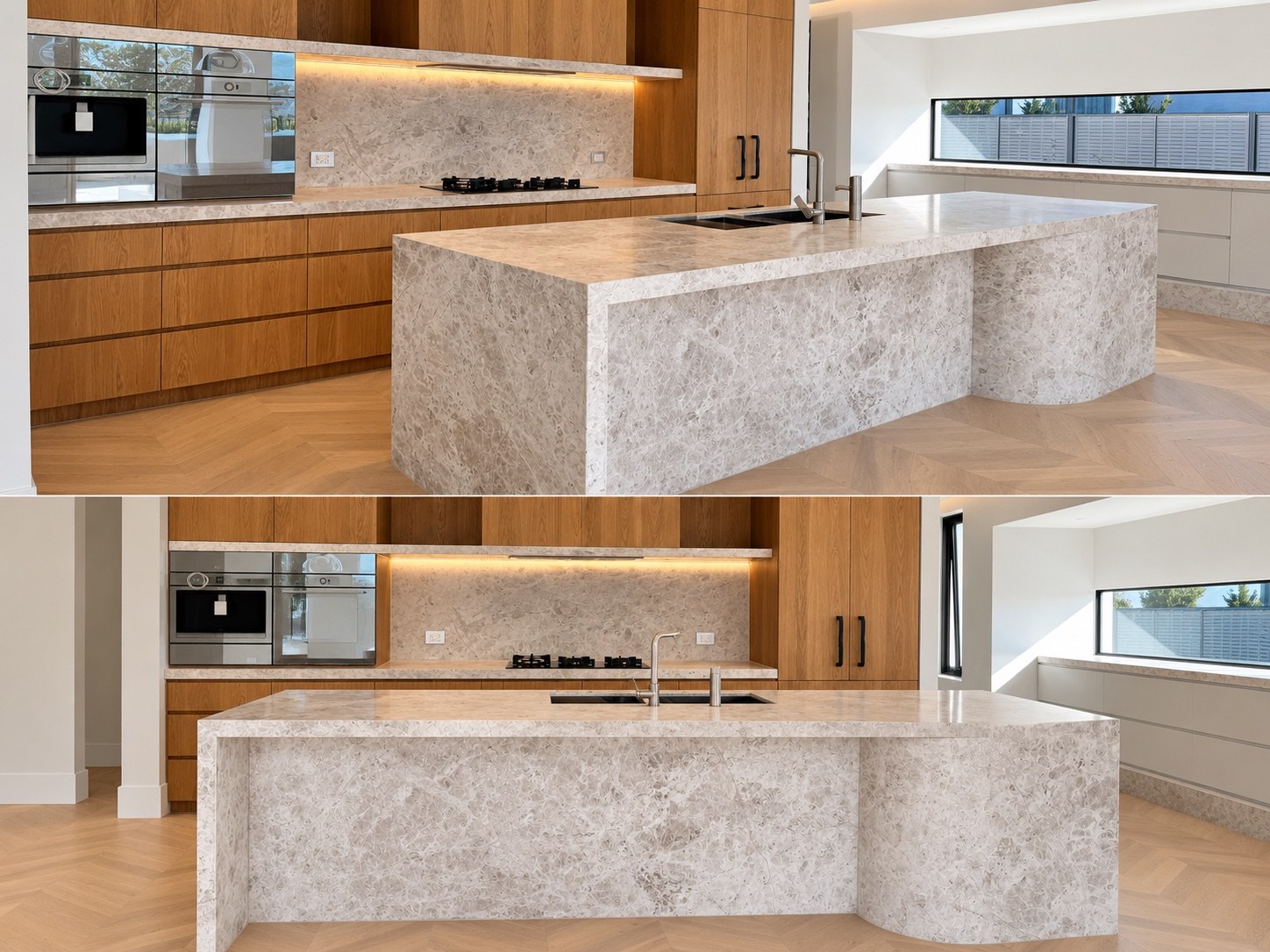 Neutral stone kitchen with timber cabinetry