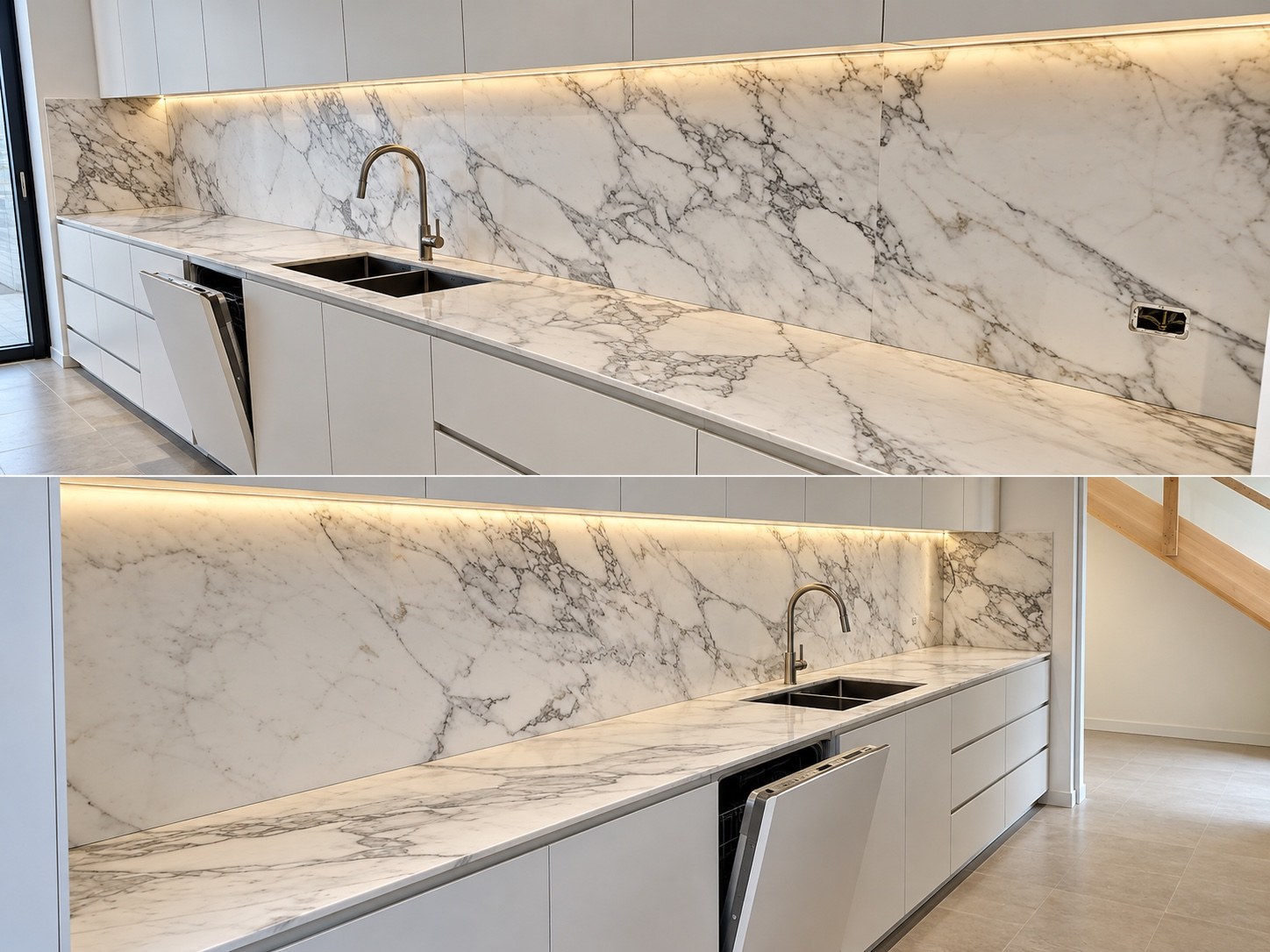 White marble kitchen benchtop and splashback